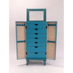 Vintage Turquoise Hand Painted Jewelry Armoire with Antique Drawer Pulls - 13.8 x 19 x 40 inches