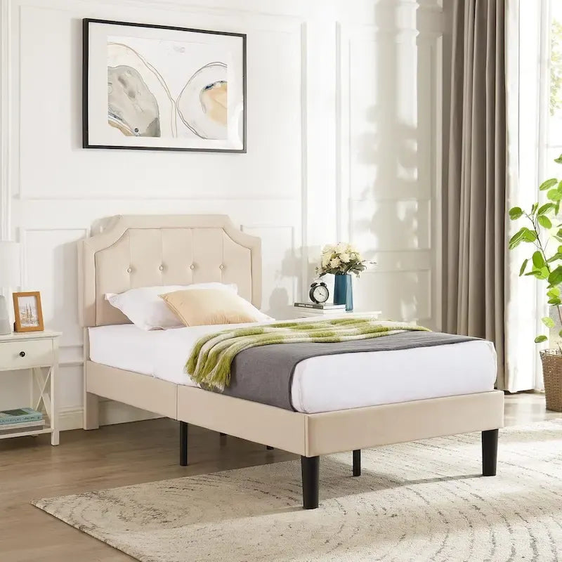Javlergo Modern Upholstered Bed Frame with Height Adjustable Headboard, No Box Spring Needed