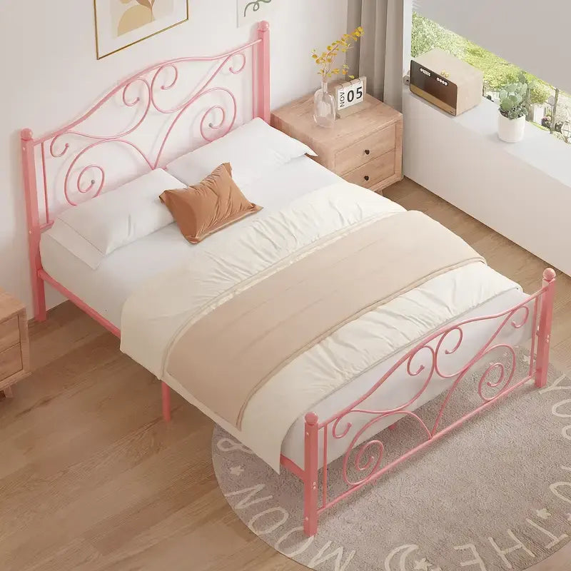 Javlergo Metal Bed Frame with Arched Headboard and Footboard, Heavy Duty Steel Slat Support, No Box Spring Needed