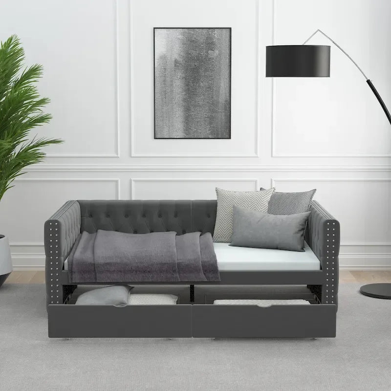 Twin Size Upholstered Tufted Daybed with Drawers,Button and Copper Nail
