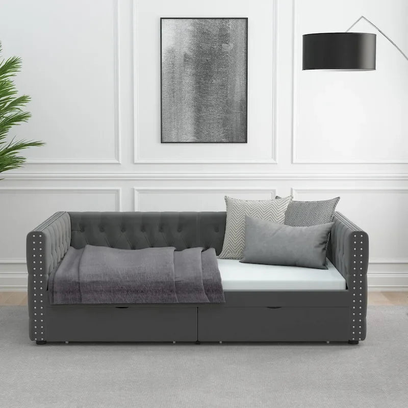 Twin Size Upholstered Tufted Daybed with Drawers,Button and Copper Nail