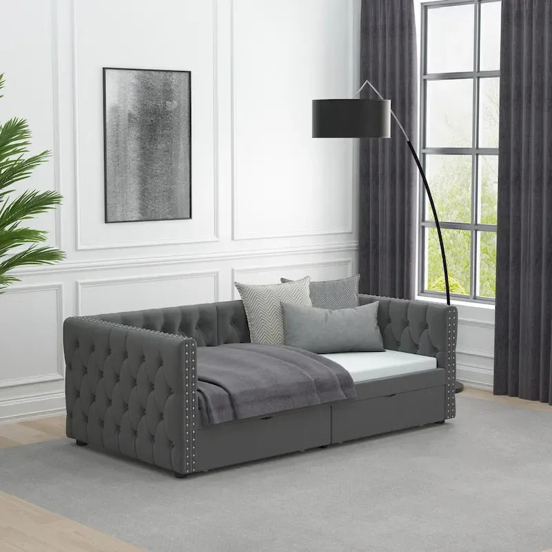 Twin Size Upholstered Tufted Daybed with Drawers,Button and Copper Nail
