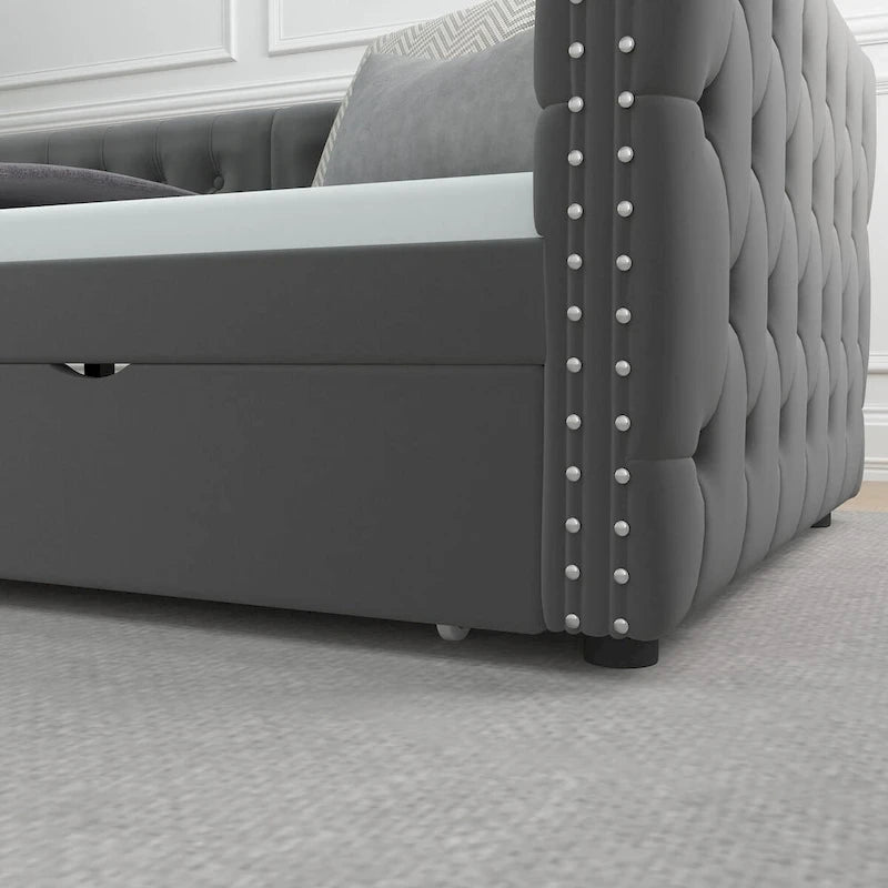 Twin Size Upholstered Tufted Daybed with Drawers,Button and Copper Nail