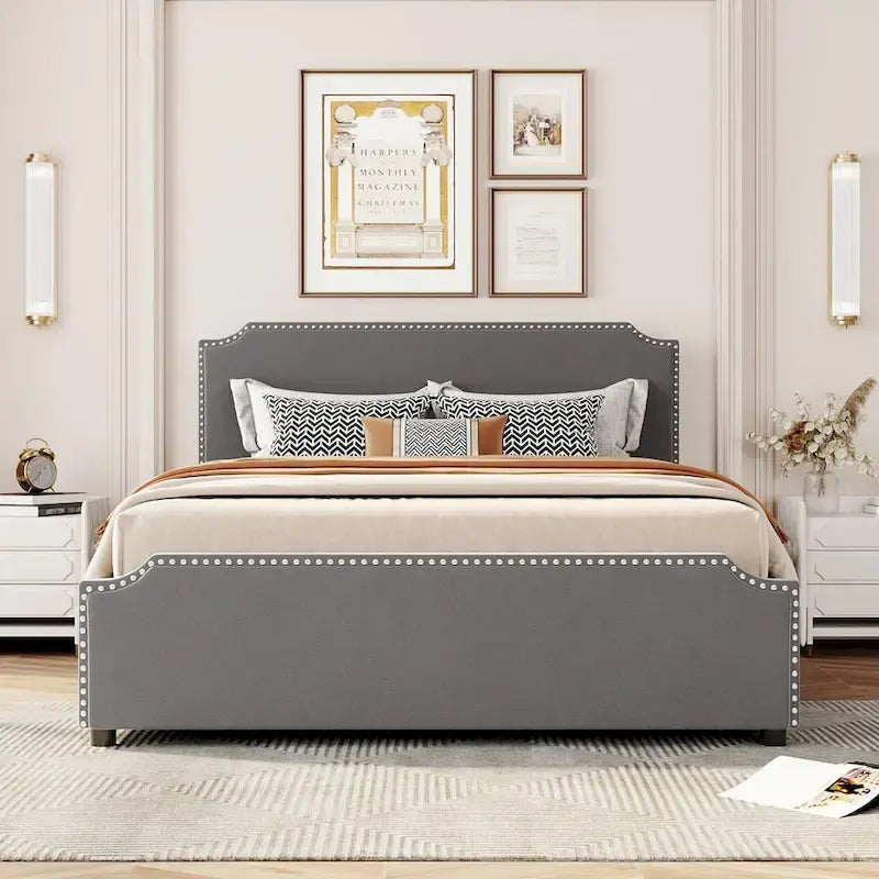 Velvet Fabric Upholstered Platform Bed with Stud Trim Headboard and Footboard and 4 Drawers No Box Spring Needed