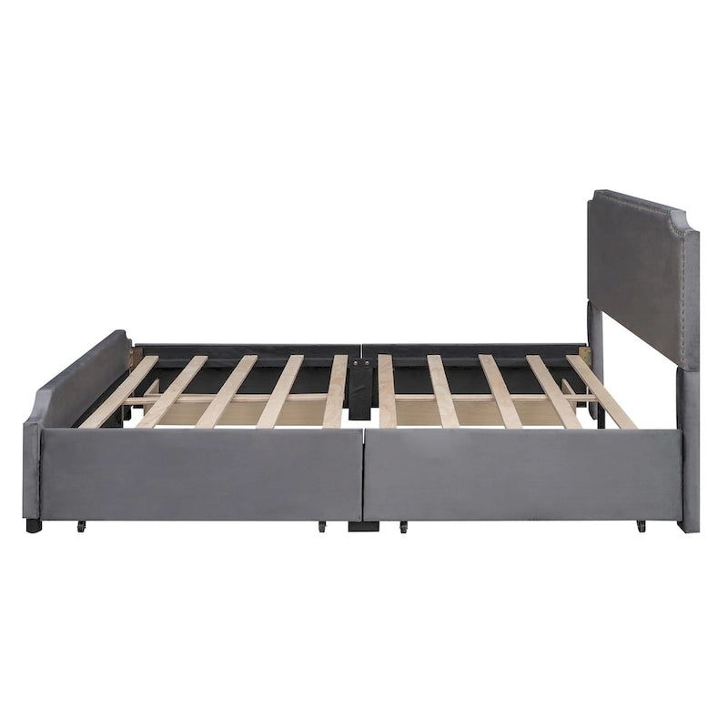 Velvet Fabric Upholstered Platform Bed with Stud Trim Headboard and Footboard and 4 Drawers No Box Spring Needed