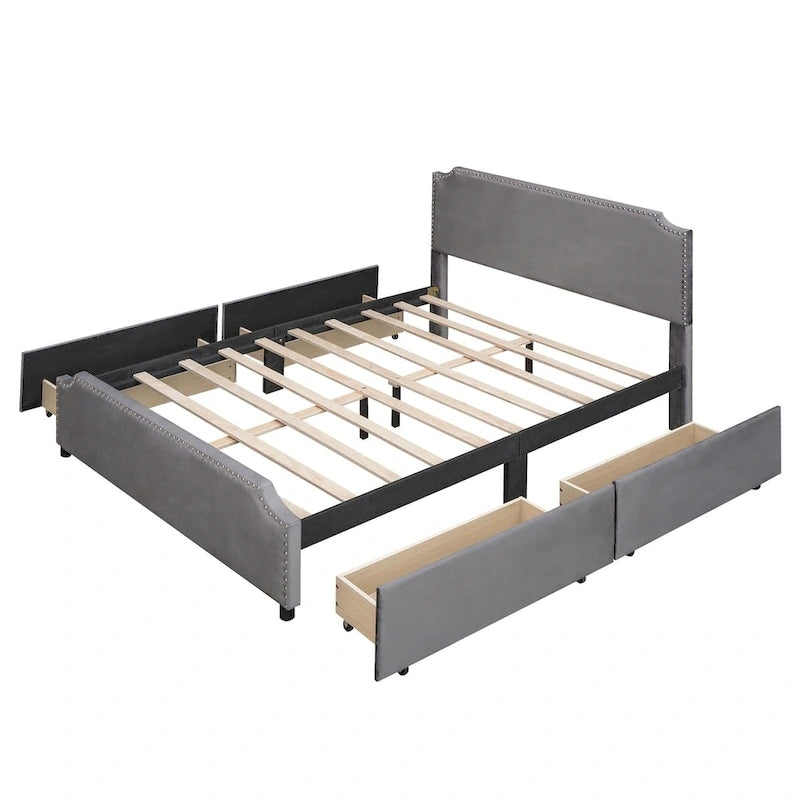 Velvet Fabric Upholstered Platform Bed with Stud Trim Headboard and Footboard and 4 Drawers No Box Spring Needed