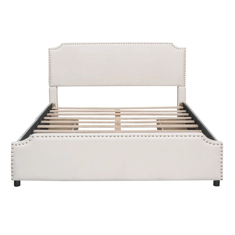 Velvet Fabric Upholstered Platform Bed with Stud Trim Headboard and Footboard and 4 Drawers No Box Spring Needed