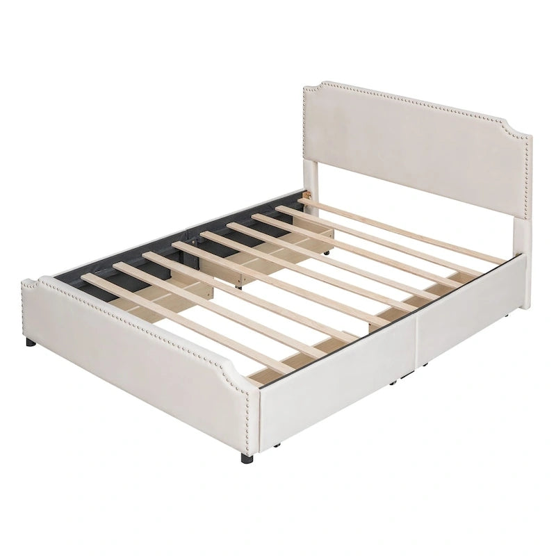 Velvet Fabric Upholstered Platform Bed with Stud Trim Headboard and Footboard and 4 Drawers No Box Spring Needed