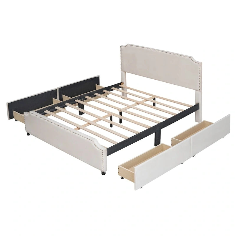 Velvet Fabric Upholstered Platform Bed with Stud Trim Headboard and Footboard and 4 Drawers No Box Spring Needed