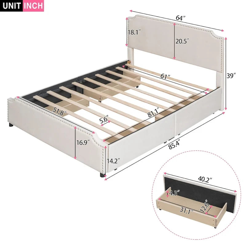 Velvet Fabric Upholstered Platform Bed with Stud Trim Headboard and Footboard and 4 Drawers No Box Spring Needed