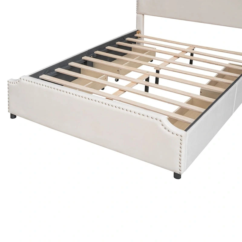 Velvet Fabric Upholstered Platform Bed with Stud Trim Headboard and Footboard and 4 Drawers No Box Spring Needed