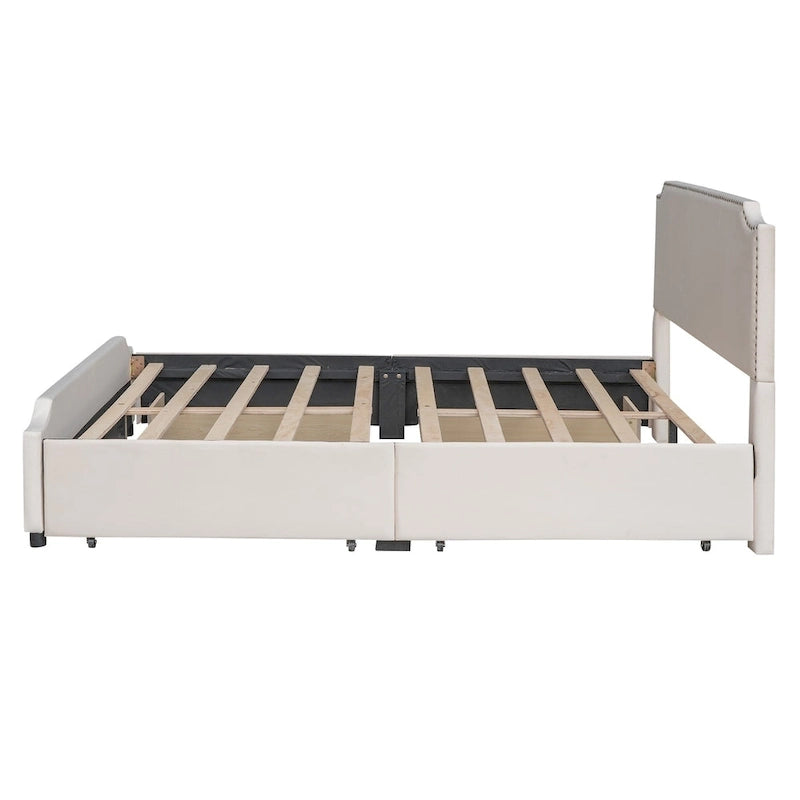 Velvet Fabric Upholstered Platform Bed with Stud Trim Headboard and Footboard and 4 Drawers No Box Spring Needed