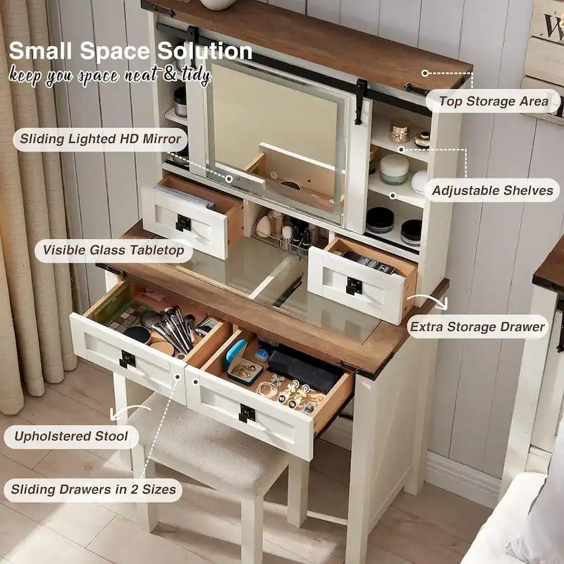 Farmhouse Makeup Vanity Desk, Vanity Dressing Table, Stool Included