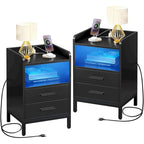 Moasis Modern LED Nightstand Set of 2 with Drawer and Storage Shelf, Bedside Table with Charging Station