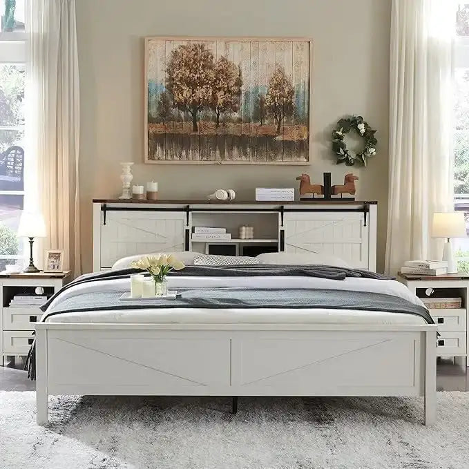 Farmhouse King Size Bed Frame with Storage Shelves & Charging Station