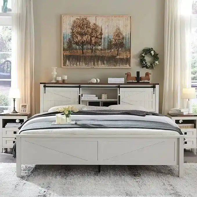 Farmhouse King Size Bed Frame with Storage Shelves & Charging Station