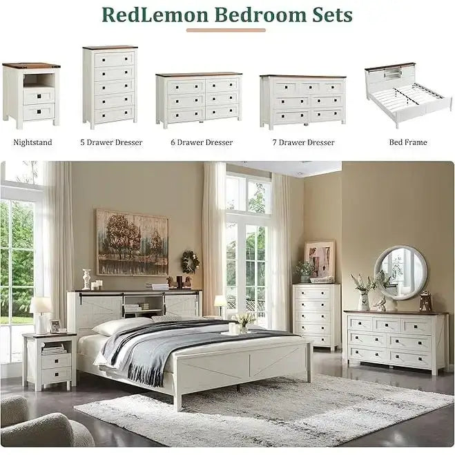 Farmhouse King Size Bed Frame with Storage Shelves & Charging Station