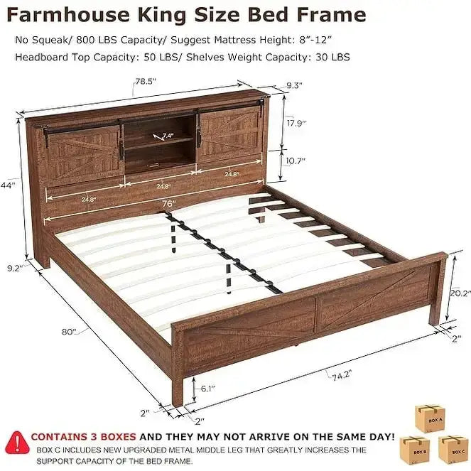 Farmhouse King Size Bed Frame with Storage Shelves & Charging Station