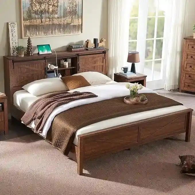 Farmhouse King Size Bed Frame with Storage Shelves & Charging Station