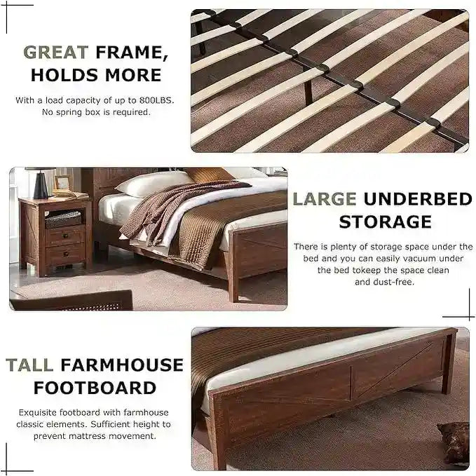 Farmhouse King Size Bed Frame with Storage Shelves & Charging Station