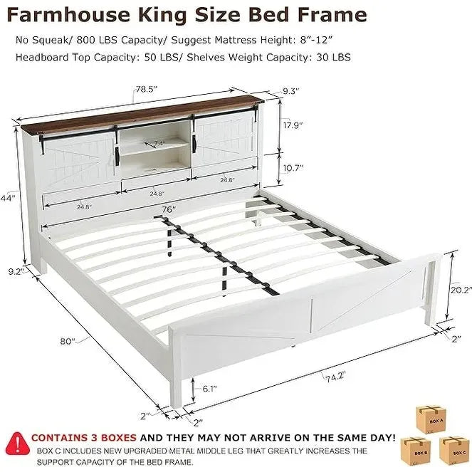 Farmhouse King Size Bed Frame with Storage Shelves & Charging Station