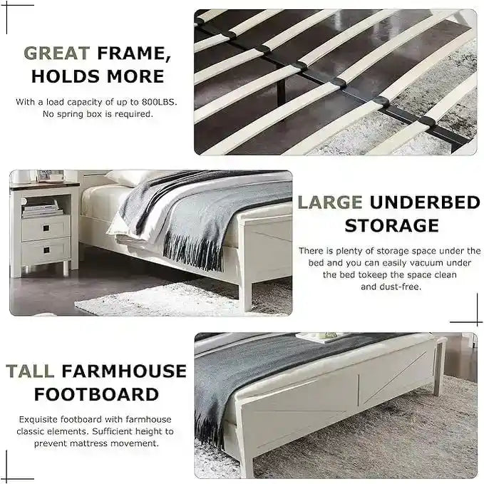 Farmhouse King Size Bed Frame with Storage Shelves & Charging Station