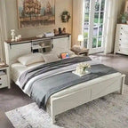 Farmhouse King Size Bed Frame with Storage Shelves & Charging Station