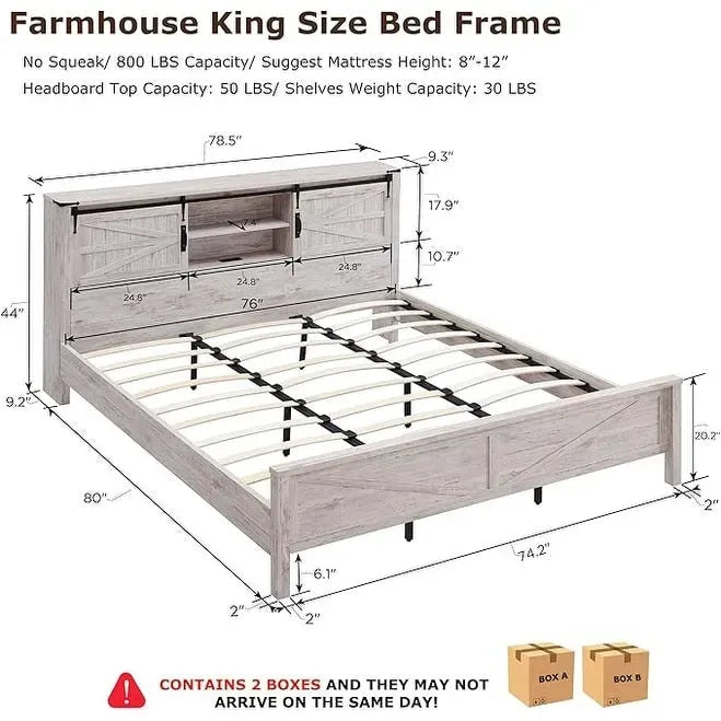 Farmhouse King Size Bed Frame with Storage Shelves & Charging Station