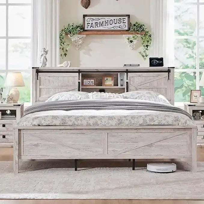 Farmhouse King Size Bed Frame with Storage Shelves & Charging Station