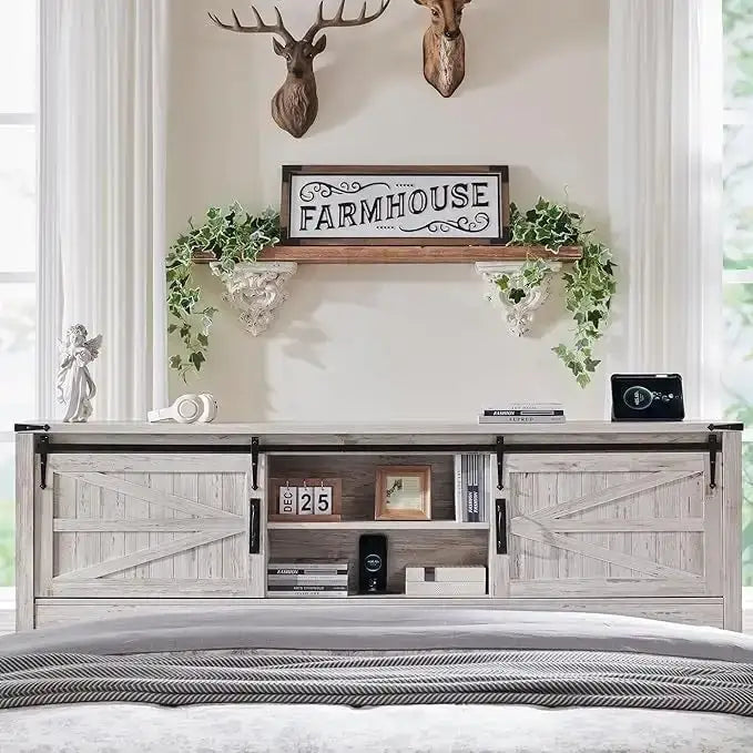 Farmhouse King Size Bed Frame with Storage Shelves & Charging Station