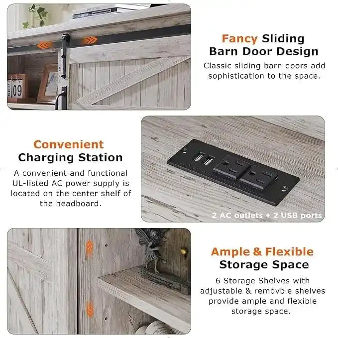 Farmhouse King Size Bed Frame with Storage Shelves & Charging Station