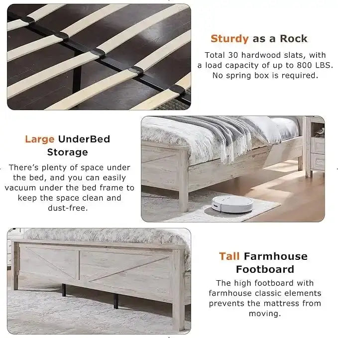 Farmhouse King Size Bed Frame with Storage Shelves & Charging Station