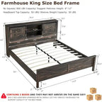 Farmhouse King Size Bed Frame with Storage Shelves & Charging Station