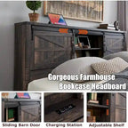 Farmhouse King Size Bed Frame with Storage Shelves & Charging Station