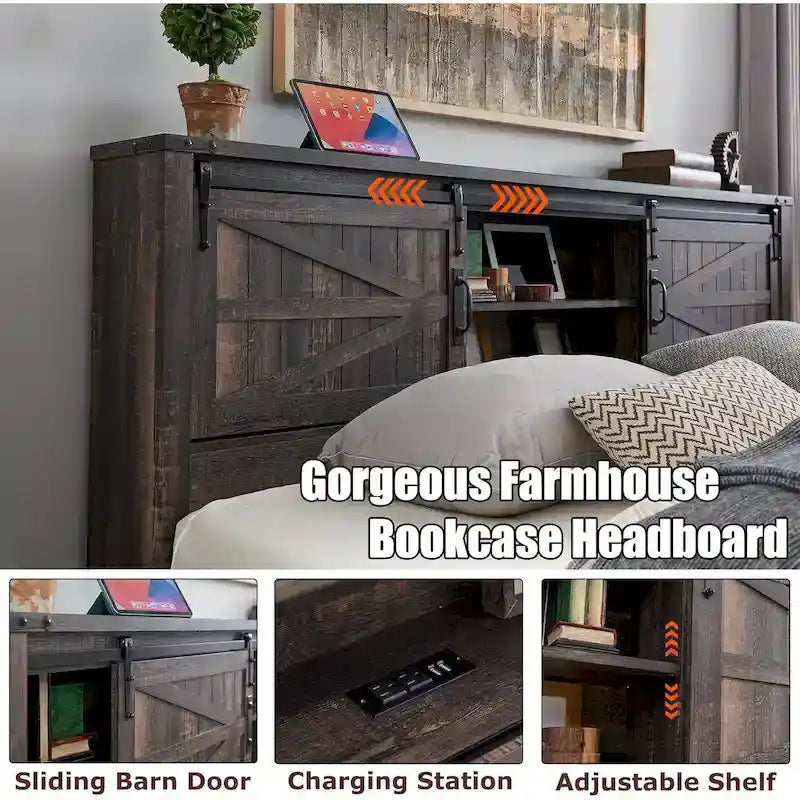 Farmhouse King Size Bed Frame with Storage Shelves & Charging Station