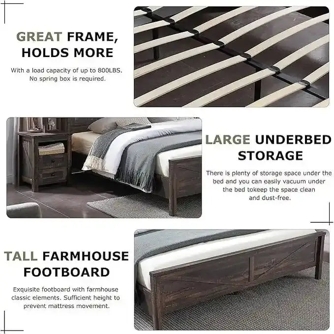 Farmhouse King Size Bed Frame with Storage Shelves & Charging Station