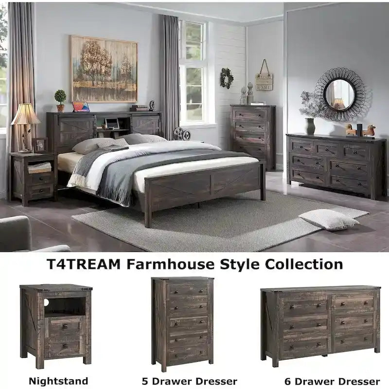 Farmhouse King Size Bed Frame with Storage Shelves & Charging Station