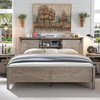 Farmhouse King Size Bed Frame with Storage Shelves & Charging Station