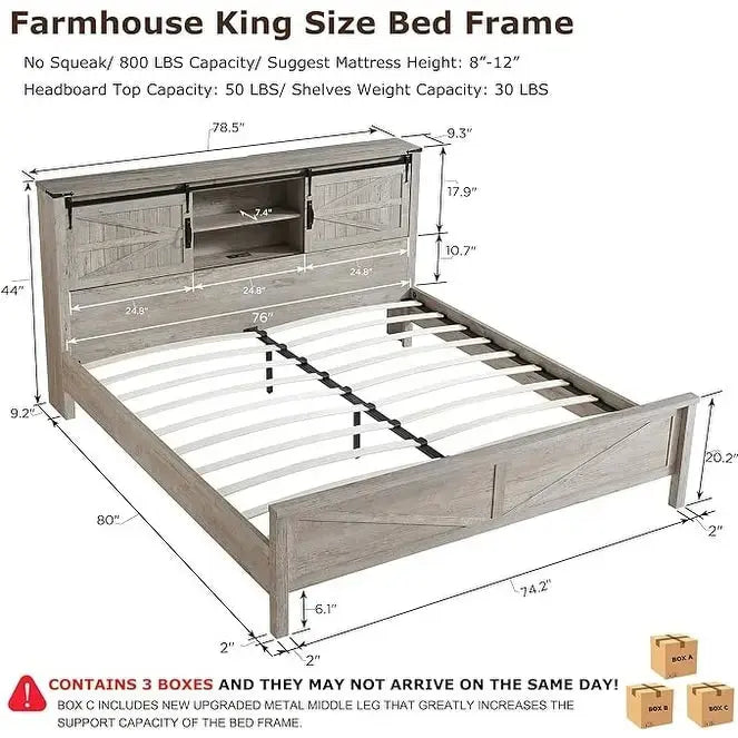 Farmhouse King Size Bed Frame with Storage Shelves & Charging Station