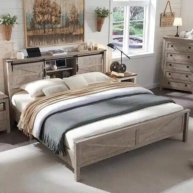 Farmhouse King Size Bed Frame with Storage Shelves & Charging Station