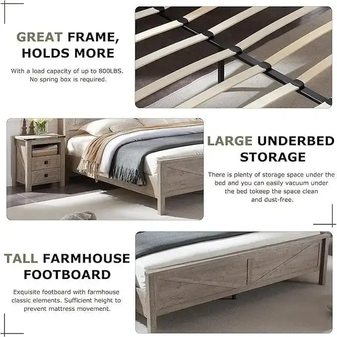 Farmhouse King Size Bed Frame with Storage Shelves & Charging Station