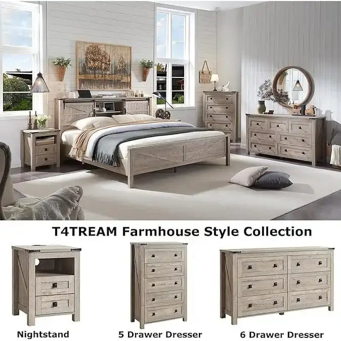 Farmhouse King Size Bed Frame with Storage Shelves & Charging Station