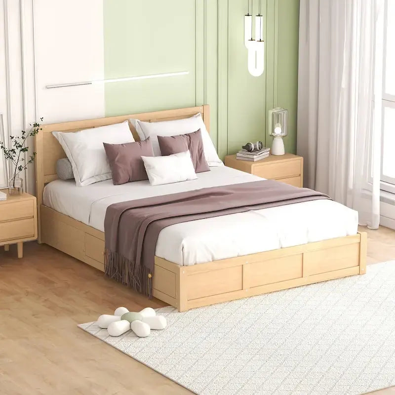 Wood Platform Bed with Underneath Storage and 2 Drawers