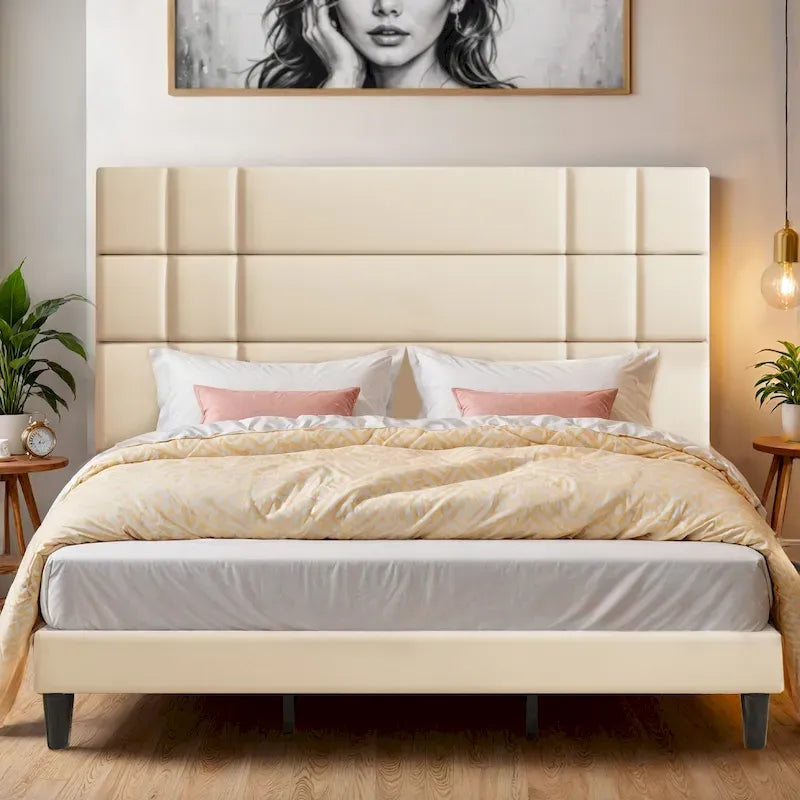Moasis Queen/King Linen Upholstered Headboard Frame Platform Bed