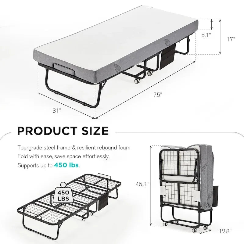 Erommy Folding Bed with Memory Foam Mattress: Portable foldable guest bed for adults with luxurious 5-inch memory foam mattress