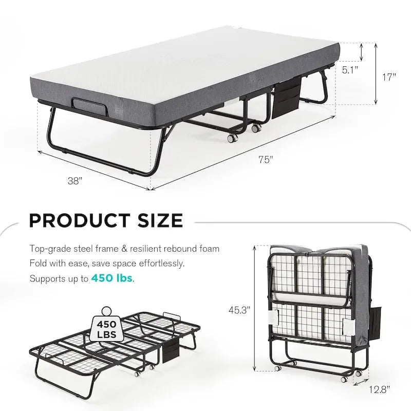 Erommy Folding Bed with Memory Foam Mattress: Portable foldable guest bed for adults with luxurious 5-inch memory foam mattress