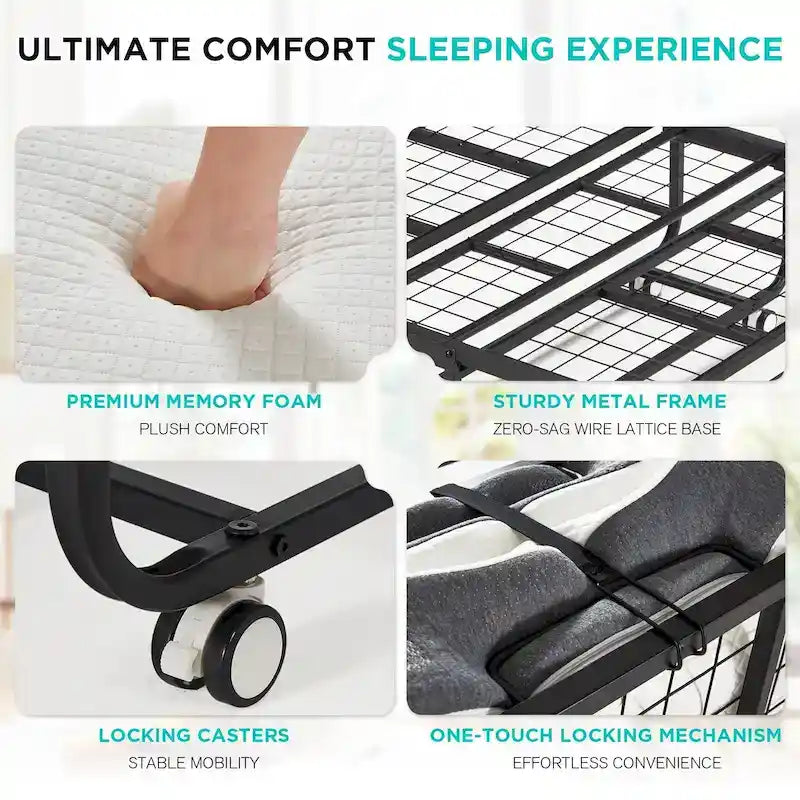 Erommy Folding Bed with Memory Foam Mattress: Portable foldable guest bed for adults with luxurious 5-inch memory foam mattress