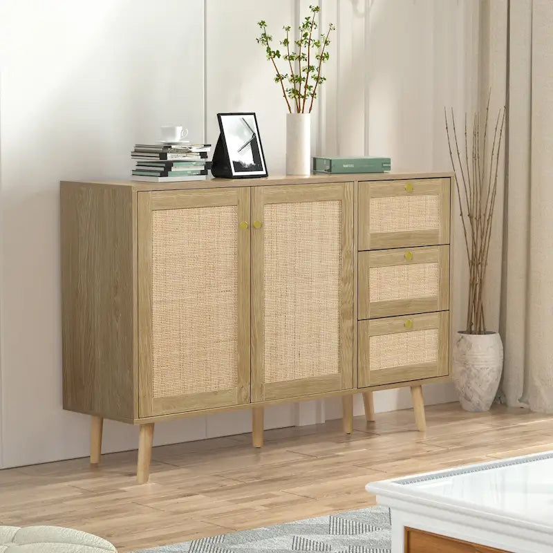 Anmytek Mid-Century Modern 2-Door Wood Rattan Buffet Sideboard Kitchen Storage Cabinet with 3 Drawers