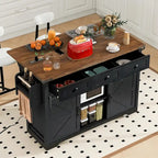 53.5 Farmhouse Kitchen Island with Power Outlet, Drop Leaf, Spice Rack, Drawer, and Wheels