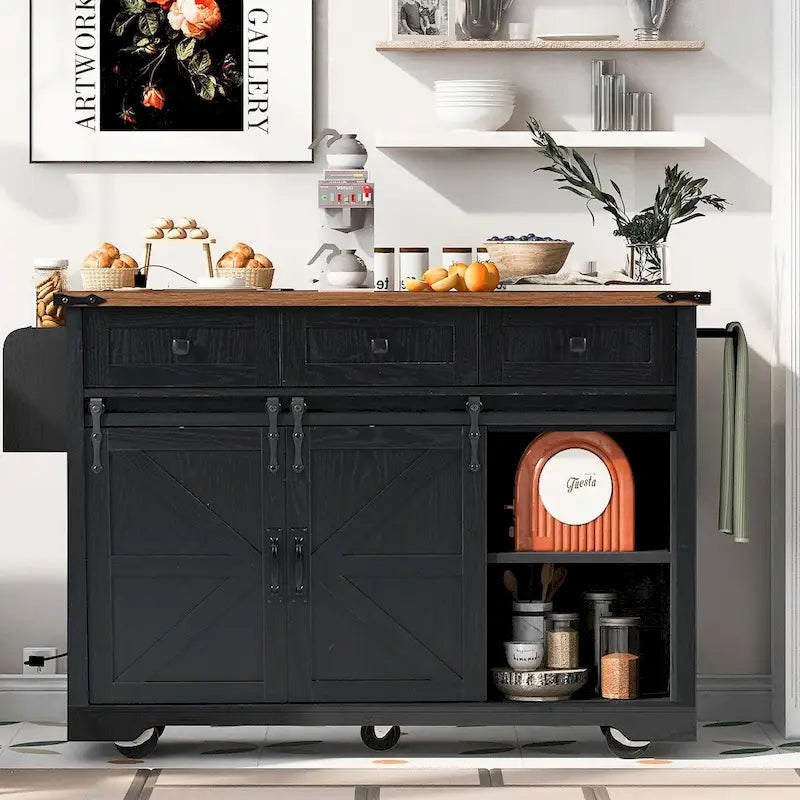 53.5 Farmhouse Kitchen Island with Power Outlet, Drop Leaf, Spice Rack, Drawer, and Wheels